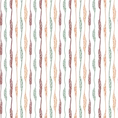 A seamless pattern of stylized wheat stalks in earthy tones of orange, brown, and green on a white background. Perfect for autumn designs, textiles, and nature-inspired projects.