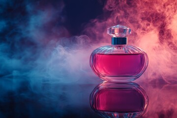 perfume bottle glowing on reflective surface