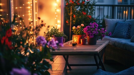 Obraz premium Cozy Balcony at Night with Beautiful Flowers, Glowing Fairy Lights, and a Warm Candle for a Relaxing Ambiance in an Outdoor Setting