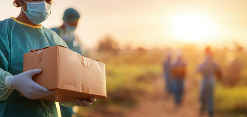 Healthcare workers distribute medical kits in rural area, showcasing dedication and teamwork. warm sunset adds hopeful atmosphere to their important mission. Public Health Campaigns concept.