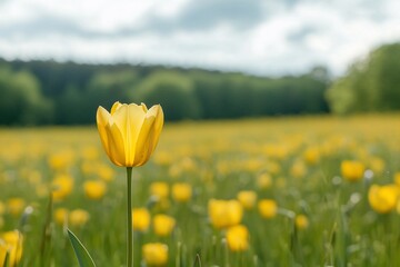 Fototapeta premium Vibrant Yellow Tulip Amidst a Field of Blooming Flowers