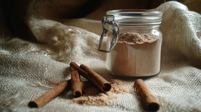 Aromatic Cinnamon Powder in Glass Jar Surrounded by Cinnamon Sticks on Textured Fabric Background for Cooking and Baking Themes