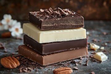 Variety of chocolate bars creating a delicious stack on a dark surface with nuts and chocolate shavings