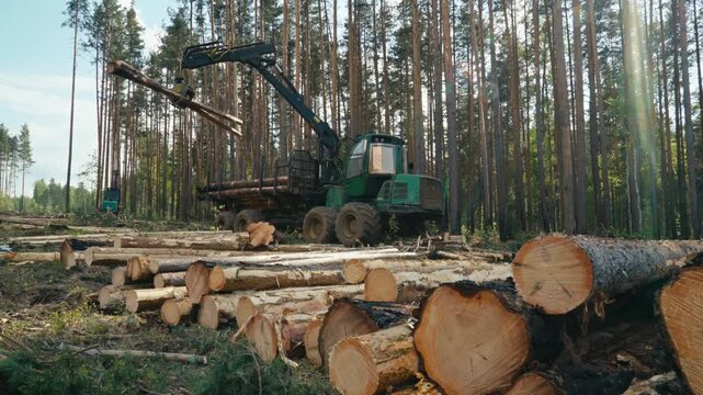 Wood Harvester Machine Grabs Trees Trunks From Row Of Timber On Ground And Loads Them On Vehicle. Forestry Process. Wood Harvester Machine Working In Forest. Wood Harvester Machine To Move Lumber.