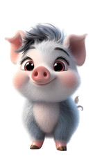 Pig cartoon isolated on transparent background. png. clipart. grey pig with soft fur details and a cheerful expression, rendered in cartoon style, ideal for educational visuals and farm designs