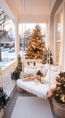A charming winter porch features a white swing and a beautifully decorated Christmas tree. Soft pillows and warm lights create a cozy atmosphere, with snow falling outside