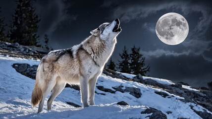 Fototapeta premium Wolf Howling at Moon in Snowy Forest Night Scene