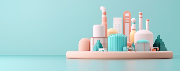 Colorful abstract representation of a modern industrial landscape featuring factories, smokestacks, and a serene blue background inspiring creativity and innovation.
