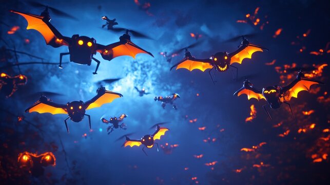 A swarm of glowing drones with bat wings fly through a dark, cloudy sky, lit by the full moon.