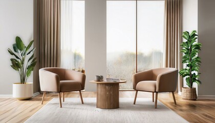 Fototapeta premium Light relax room interior, two seats and coffee table near window. Mockup wall