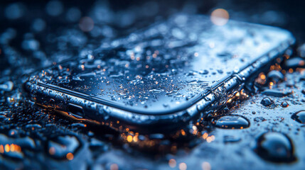 Wet smartphone placed in a reflective surface with water droplets, capturing moisture and shine, symbolizing device exposure to water