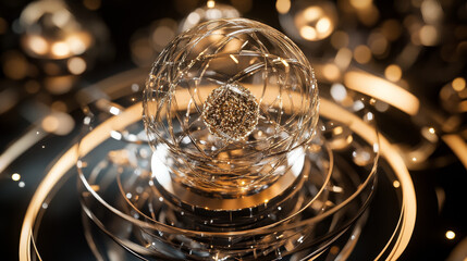 Golden Sphere Abstract 3D Rendering: Atomic Structure, Luxury, Geometric