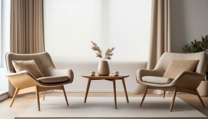 Light relax room interior, two seats and coffee table near window. Mockup wall