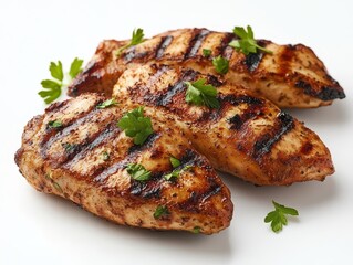 delicious grilled chicken presented against a stark white background, showcasing perfectly charred skin and juicy texture, evoking mouthwatering anticipation for a savory meal