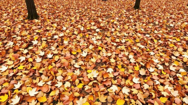 A colorful array of fallen leaves covering the ground in a serene forest setting during Autumn season, ground cover, natural, autumn
