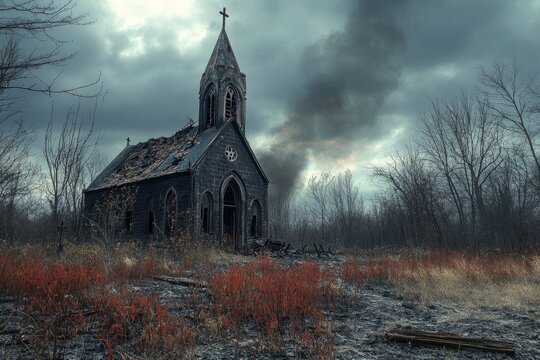 Creepy abandoned church with burnt doorway and fallen leaves on a foggy autumn day