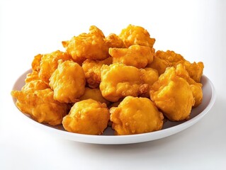 delicious pakora, a traditional indian snack, beautifully presented on a plate against a stark white background, highlighting its golden crispy texture and inviting aroma