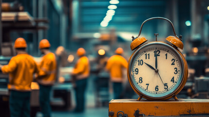 Factory Time: Industrial Clock, Workers, Shift Change, Orange, Background
