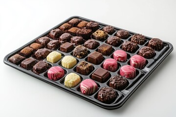 Gourmet chocolates arranged in a box, showcasing a tempting assortment of flavors and textures