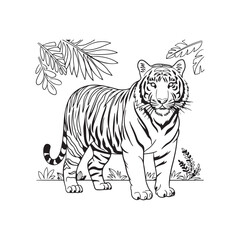 Tiger Line Art Illustration with Jungle Leaves