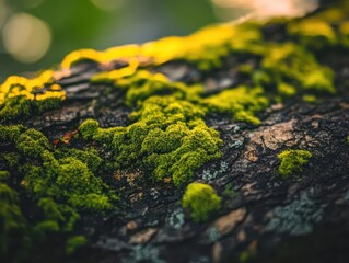 Obraz premium detailed close-up of tree bark covered in vibrant green moss, emphasizing the rich textures and colors of nature, perfect for a calming wallpaper