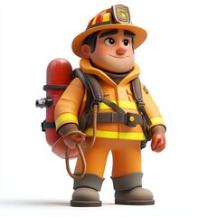 Cartoon Firefighter Character with Gear and Helmet