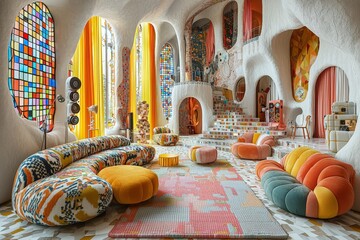 Vibrant retro living room with unique architecture and bold textiles