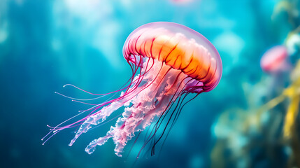 Naklejka premium vibrant pink jellyfish gracefully floats in ocean depths