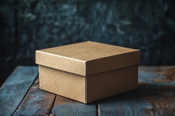 Small simple closed brown cardboard box on old wooden table with dark background