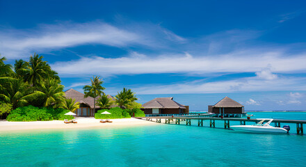 Fototapeta premium Luxury beach resort with overwater villas, palm trees, and turquoise water under a bright blue sky.