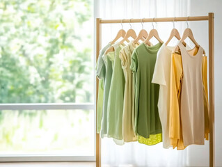 Eco conscious clothing display with pastel colors hanging on rack, showcasing sustainable fashion...