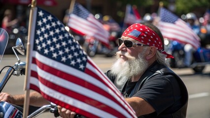 A proud elderly man on a motorcycle with an American flag, participating in a parade. The image symbolizes patriotism, freedom, and a strong sense of community.

