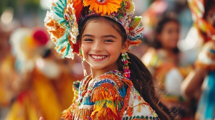 Fototapeta premium Colorful cultural celebration young girl in traditional attire festivity outdoor event joyful atmosphere vibrant community spirit