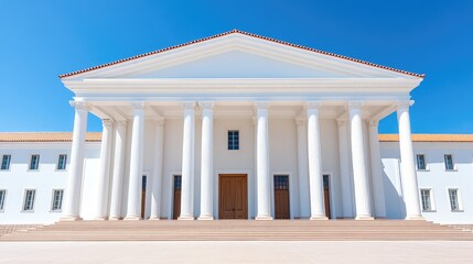 Luxurious villa with Greek-style columns showcasing opulent decor under clear blue skies