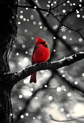 Vibrant Cardinal Bird Perched on Snow-Covered Branch Against Soft Blurred Background with Falling Snowflakes in a Winter Wonderland Scene