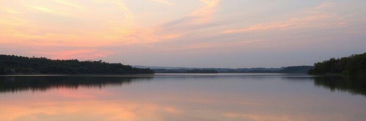 Naklejka premium A serene lake reflecting the vibrant colors of a sunset, surrounded by lush greenery, serene, reflection, scenic