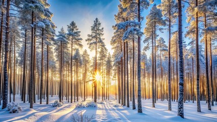 Obraz premium Serene Winter Sunrise in a Snow-Covered Pine Forest