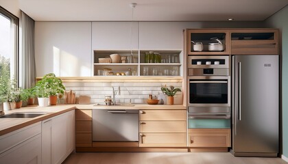 Fototapeta premium Stylish home kitchen interior with cooking cabinet and kitchenware, fridge