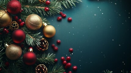 Naklejka premium Merry Christmas and Happy New Year Decoration With Red and Gold Baubles on Pine Branch Against Dark Background Creating a Festive Holiday Scene