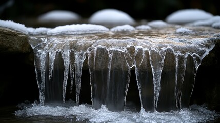 Ice formations on rocky surface near flowing water in winter