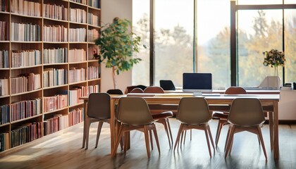 Fototapeta premium Stylish library interior with work tables in row and bookshelf, panoramic window