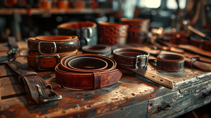 Handcrafted Leather Belts Displayed in Workshop: An array of handcrafted leather belts showcased in a workshop, reflecting the meticulous skill of leather artisans.