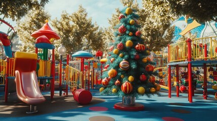 A decorated Christmas tree stands in the middle of a colorful playground.
