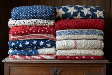 Stack of vintage red, white, and blue quilted blankets on an antique chest with patriotic designs