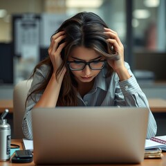 Mujer estresada en la oficina, burn out, frustracion, cansancio, jaqueca 