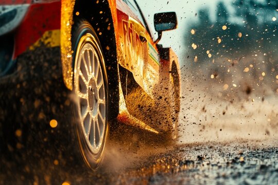 Dynamic close up of wrc car skidding on wet surface, sparks and splashes convey rally racing thrill