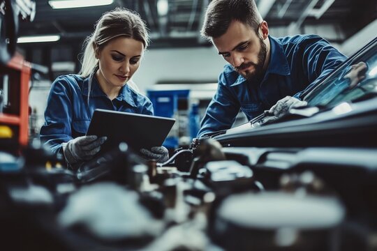 Mechanics inspect car diagnostics  female specialist analyzes data while repairman fixes issues