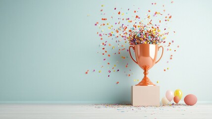 Celebratory trophy with colorful confetti and eggs on a light background.