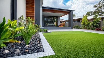 Modern australian home featuring artificial turf lawn with timber edging in front yard design