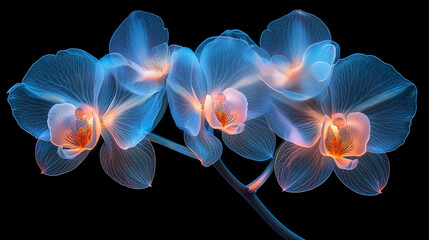 glowing translucent orchids bathed in neon blues and pinks symbolize beauty, transformation, and elegance, with vivid colors representing creativity, mystery, and emotional depth in nature’s art